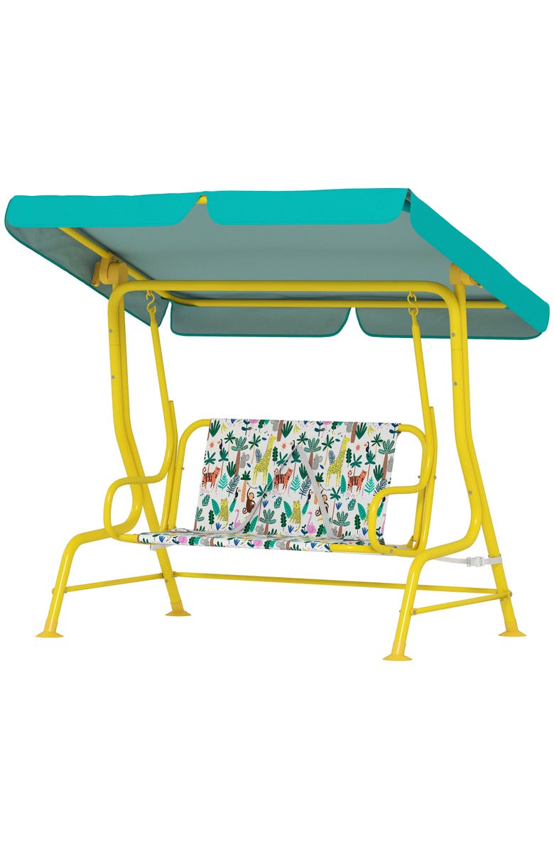 Qaba 2-Seater Kids Porch Swing with Safety Belts and Adjustable Canopy, Main, color, Green