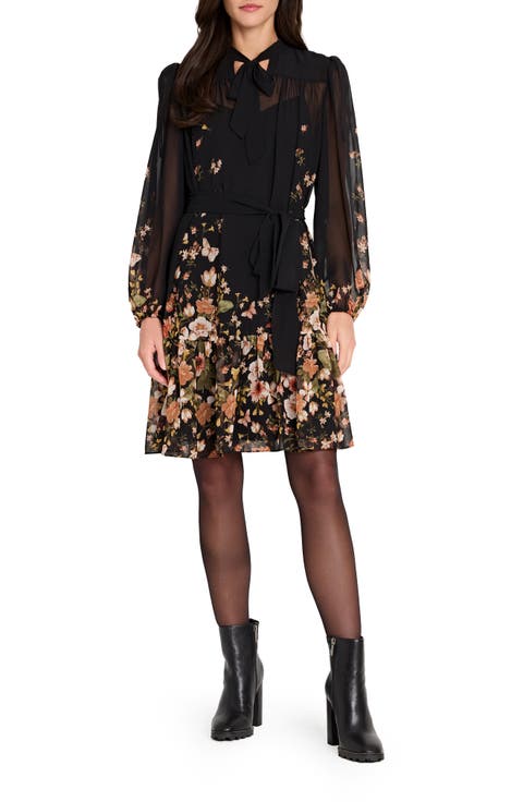 Print Tie Waist Long Sleeve Dress