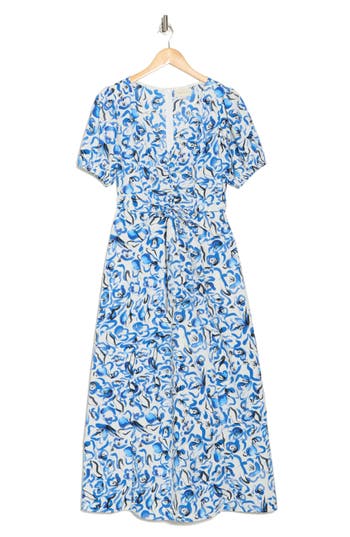 Melloday V-neck Puff Sleeve Dress In White Blue