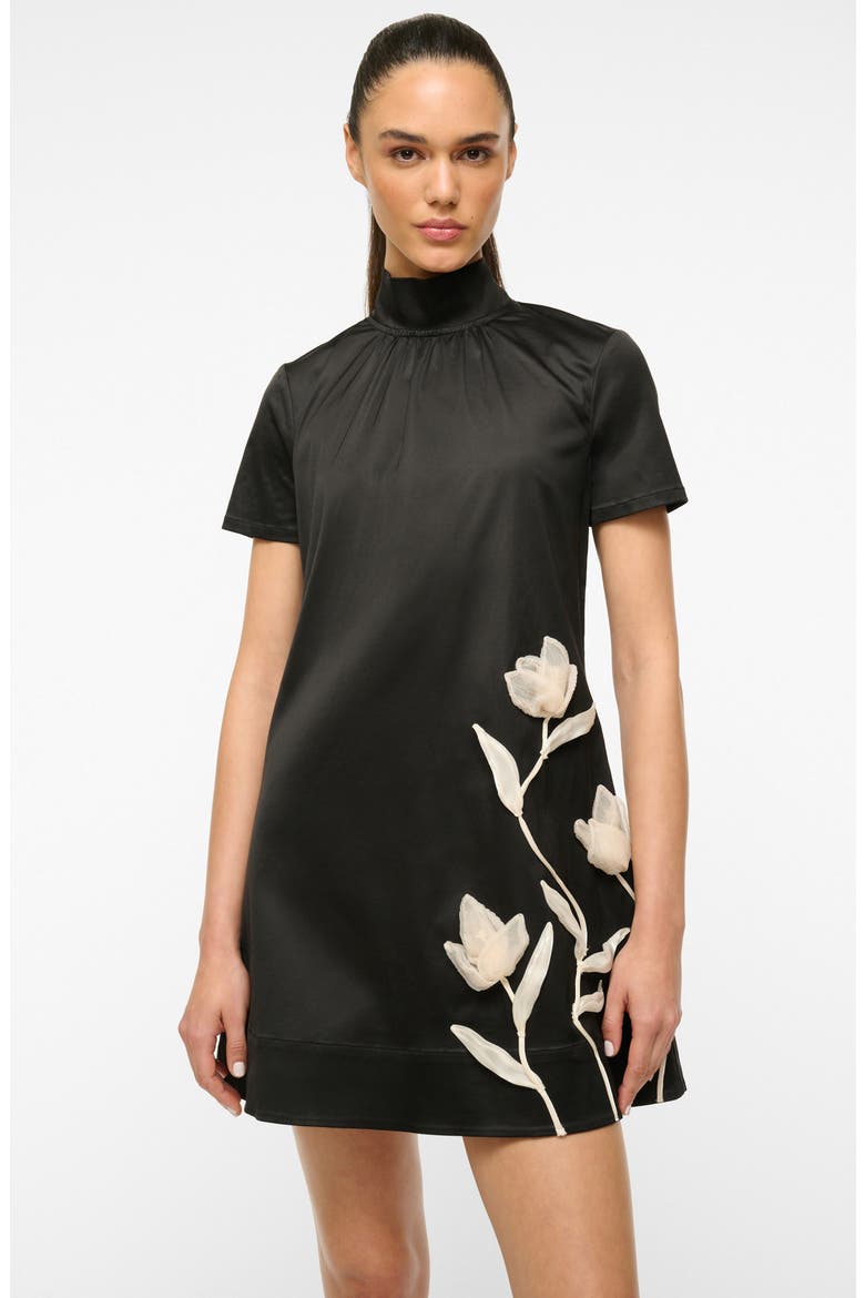 Ilana Floral Appliqué Satin Cocktail Minidress, Alternate, color, BLACK