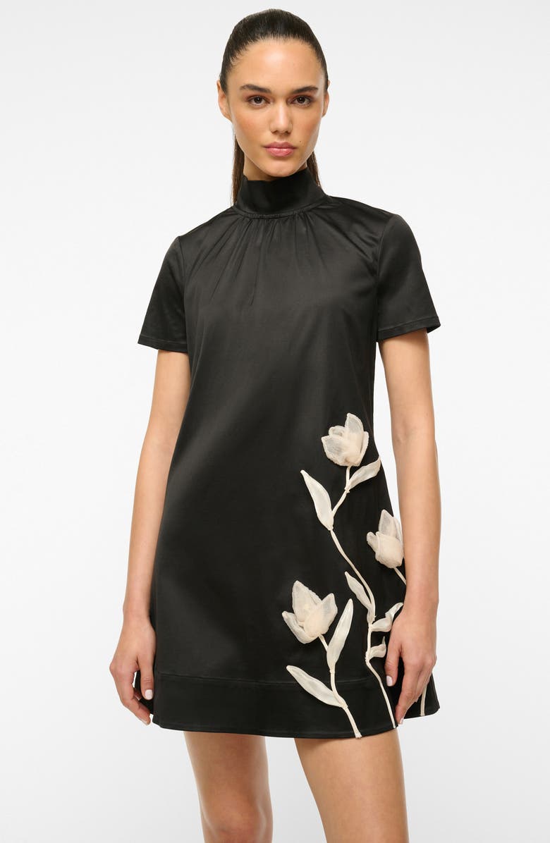STAUD Ilana Floral Appliqué Satin Cocktail Minidress, Alternate, color, 