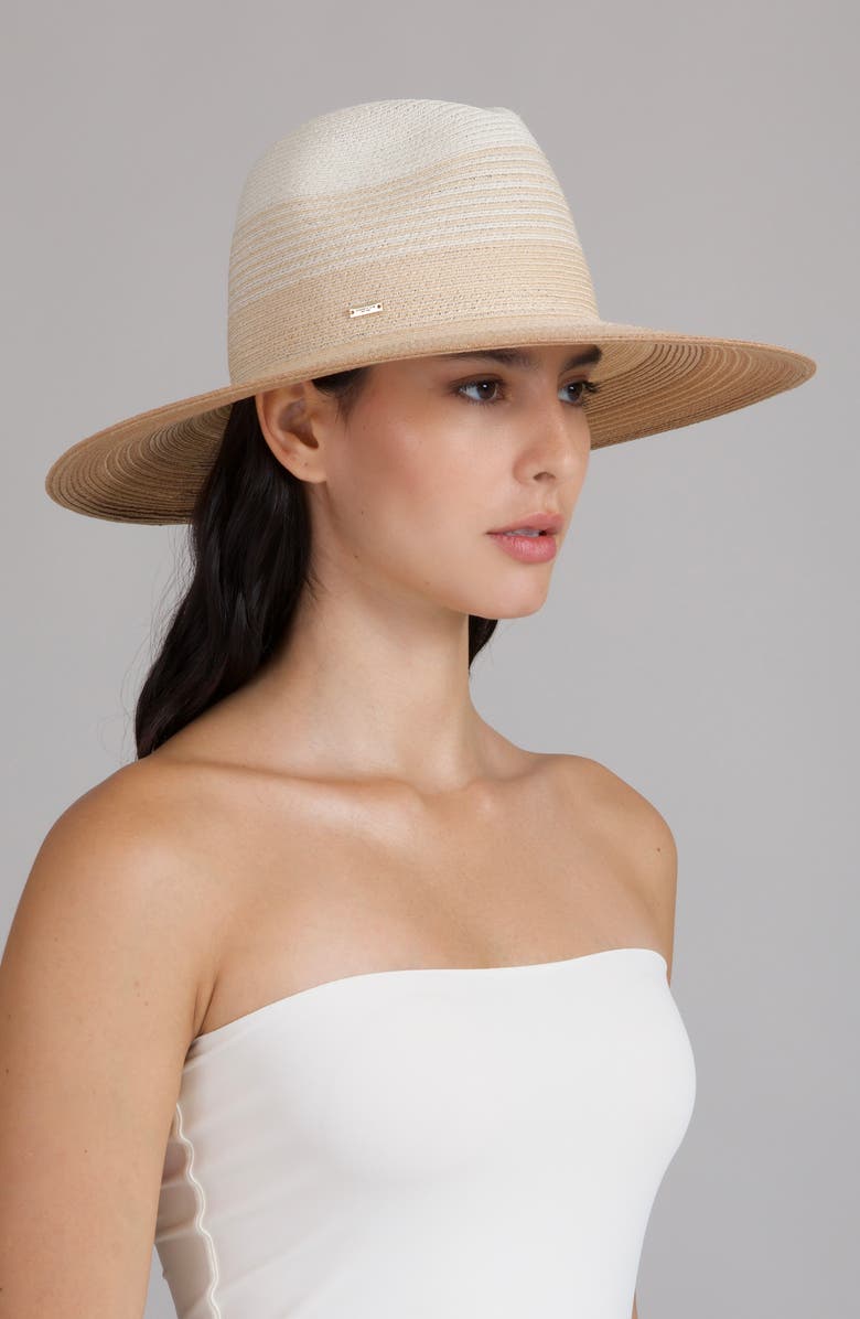 Eugenia Kim Emmanuelle UPF 50+ Wide Brim Packable Straw Fedora, Alternate, color, Ivory/ Natural/ Camel