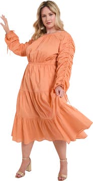 June + Vie Cotton Voile Ruched Midi Dress