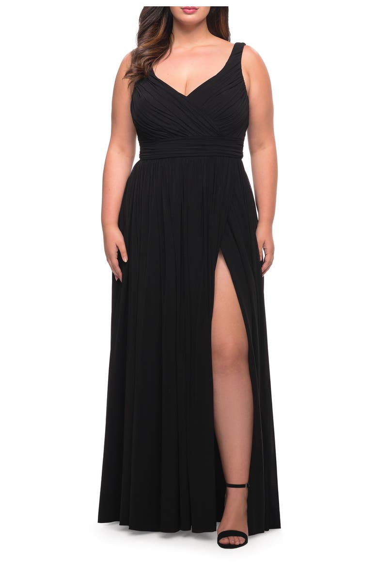 La Femme Plus Size Long Gown, Alternate, color, Black