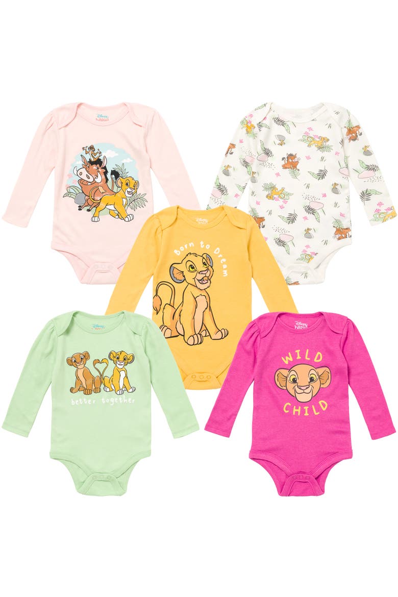 Lion King 5-Pack Long Sleeve Bodysuits, Main, color, Simba Nala Pink Multi