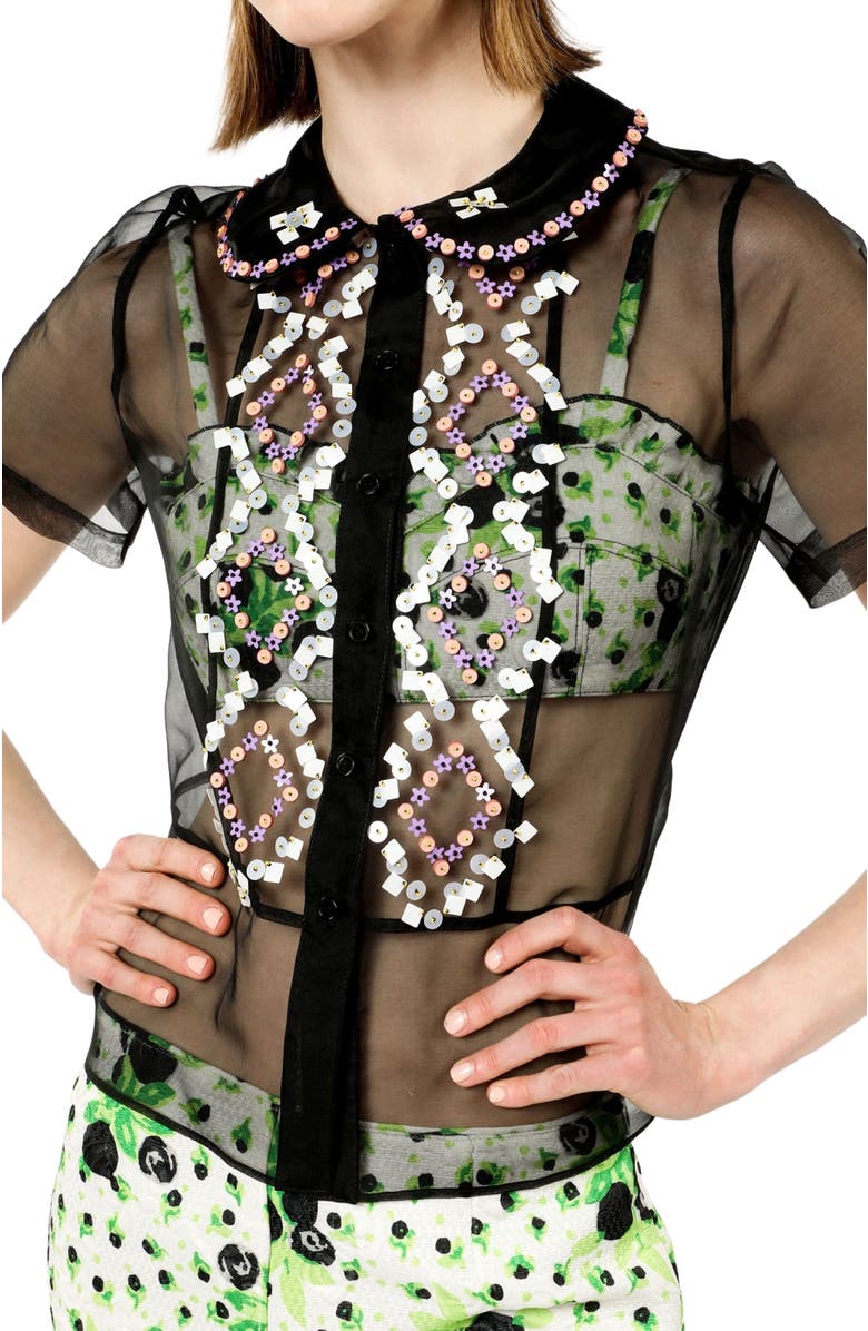 Anna Sui Twinkle Beaded Organza Blouse, Alternate, color, Black