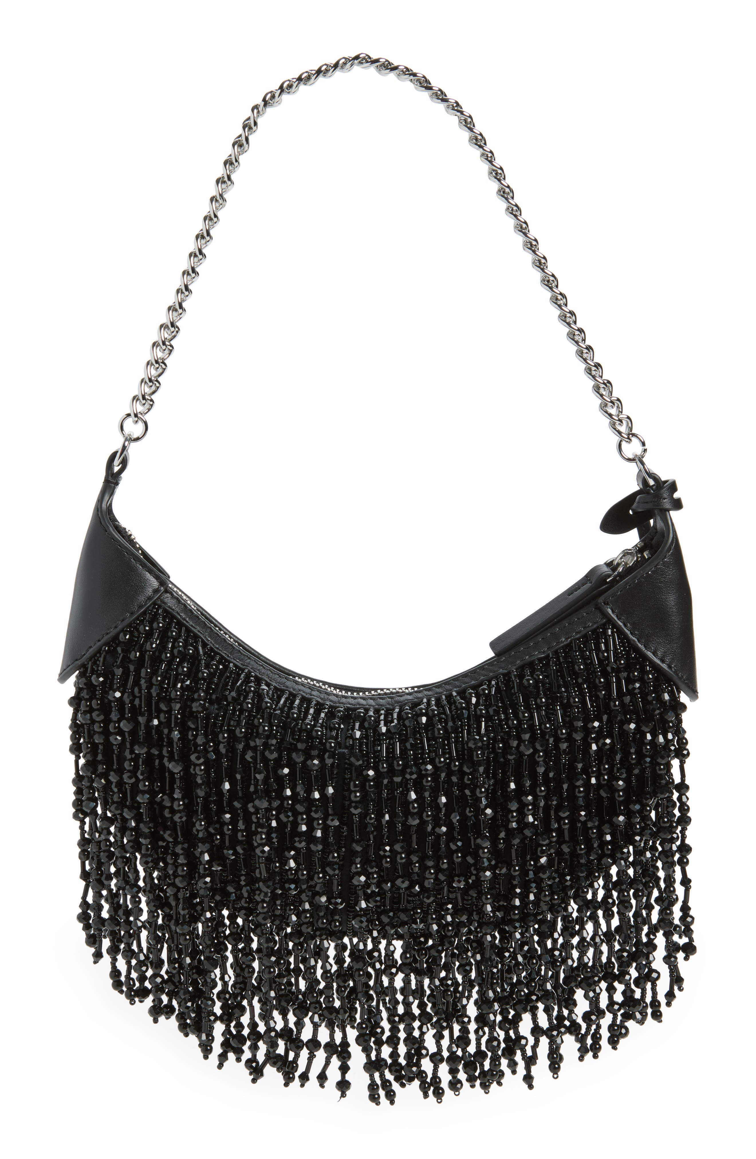 Beaded Fringe Baguette Bag, Alternate, color, BLACK