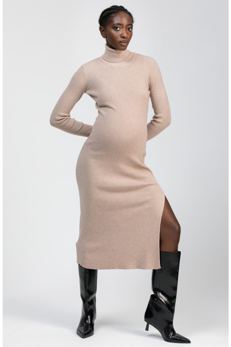 Penelope Long Sleeve Rib Maternity Midi Sweater Dress, Alternate, color, SUNBAKED