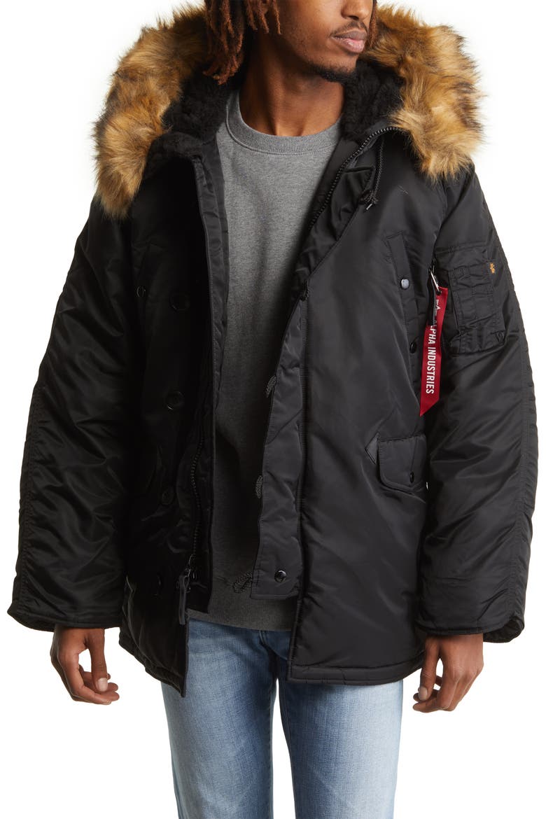Alpha N-3B Water Resistant Parka with Removable Faux Fur Trim, Main, color, BLACK