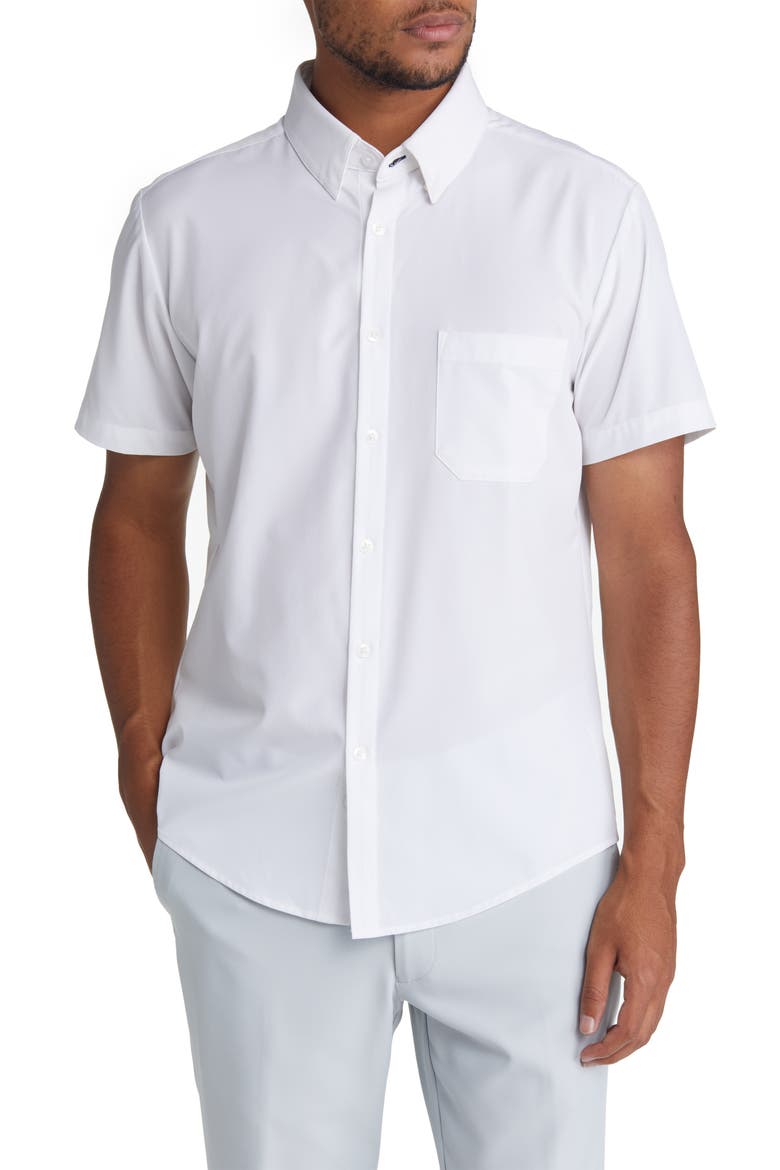 Leeward Solid Stretch Performance Short Sleeve Button-Up Shirt, Main, color, WHITE SOLID