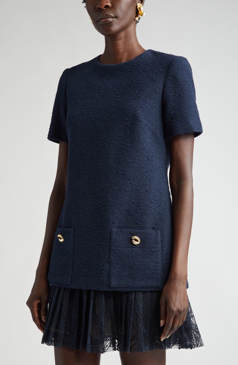 Oscar de la Renta Tweed & Pleated Lace Minidress, Alternate, color, 