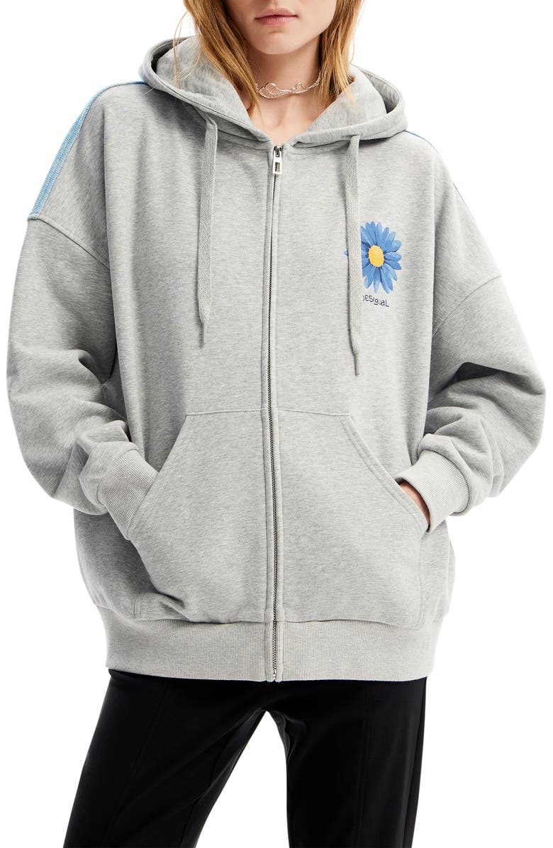 Desigual Flowa Front Zip Graphic Hoodie, Main, color,