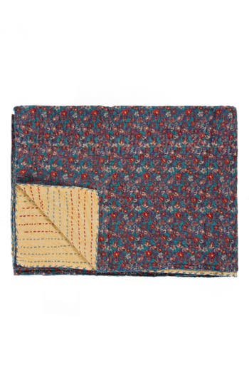 Taj Hotel Vintage Cotton Kantha Throw Blanket In Multi Navy Red