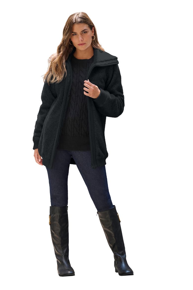 Plus Size High Collar Teddy Fleece Bomber, Main, color, BLACK