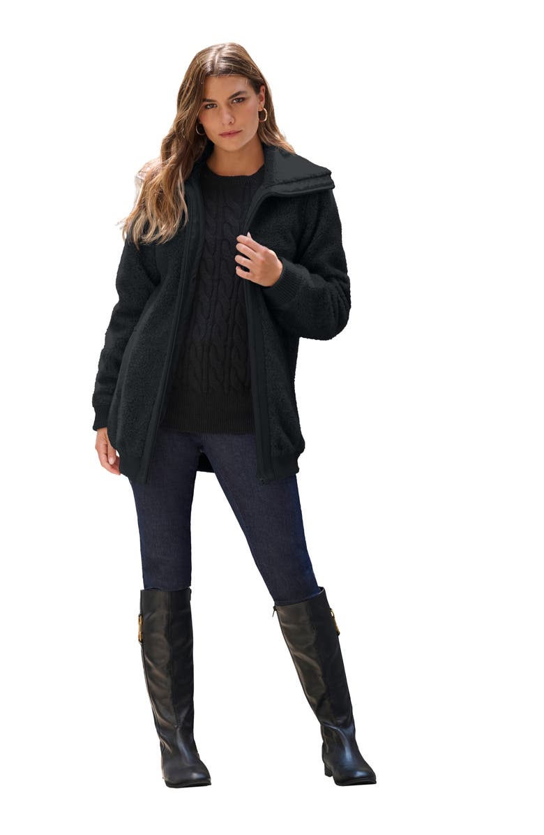 Roaman's Plus Size High Collar Teddy Fleece Bomber, Main, color, Black