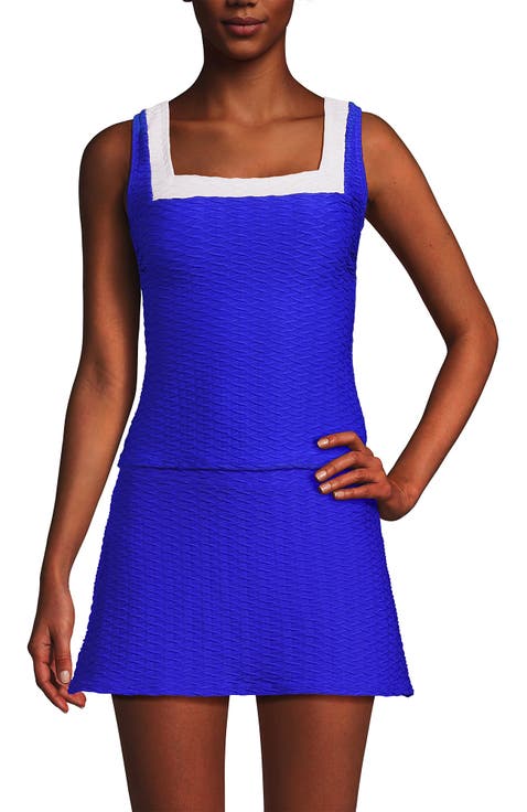 Texture Square Neck Tankini Swimsuit Top Adjustable Straps