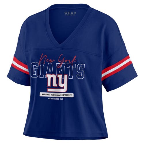 Wear By Erin Andrews Royal New York Giants Color Block Boxy Modest Crop V-neck T-shirt In Blue