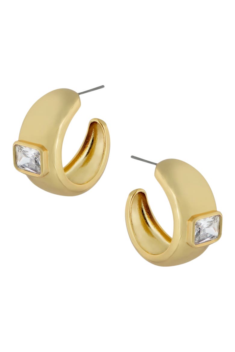 CZ Emerald Cut Inlay Wide Hoop Earrings, Main, color, CLEAR/ GOLD