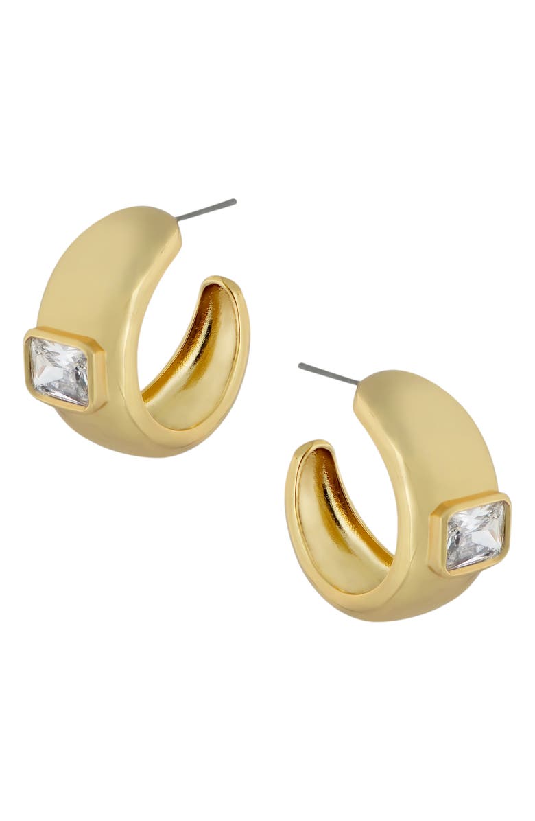 CZ by Kenneth Jay Lane CZ Emerald Cut Inlay Wide Hoop Earrings, Main, color, Clear/ Gold