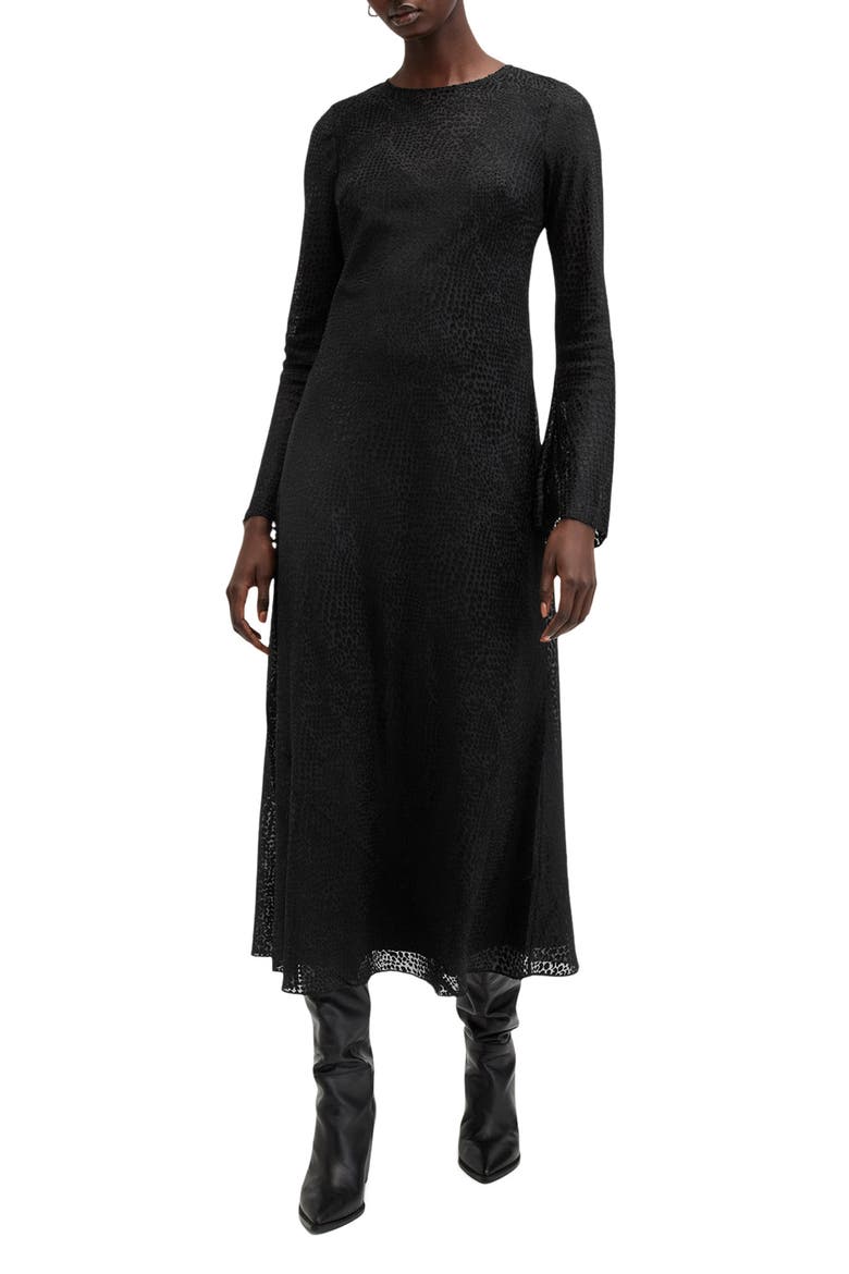 Jada Animal Print Long Sleeve Silk Midi Dress, Main, color, BLACK