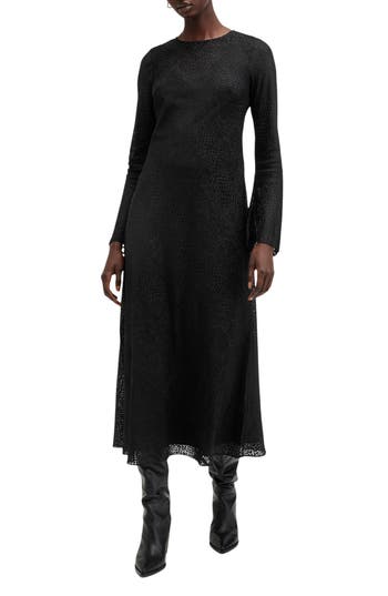 Allsaints Jada Animal Print Long Sleeve Silk Midi Dress In Black