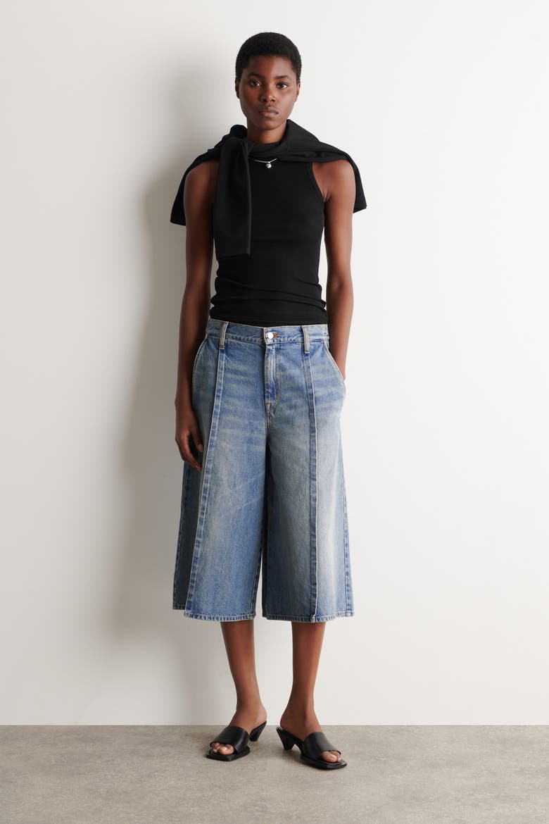 Pintucked Denim Culottes, Main, color, BLUE