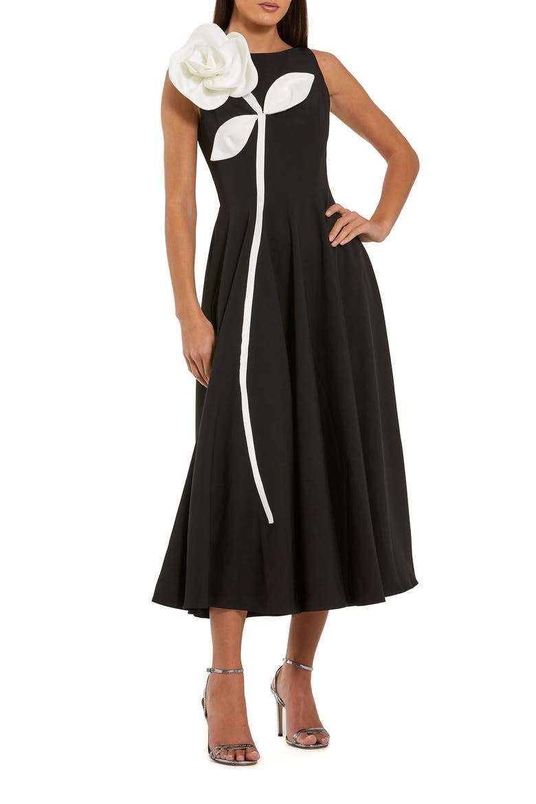 Crepe A Line Midi Dress with 3D Flower, Main, color, Black Ivory