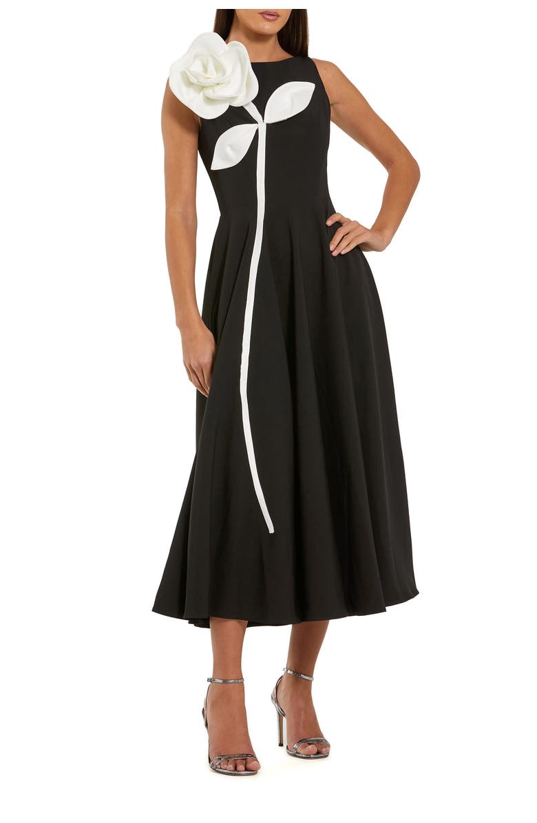 Mac Duggal Crepe A Line Midi Dress with 3D Flower, Main, color, Black Ivory