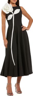 Mac Duggal Crepe A Line Midi Dress with 3D Flower