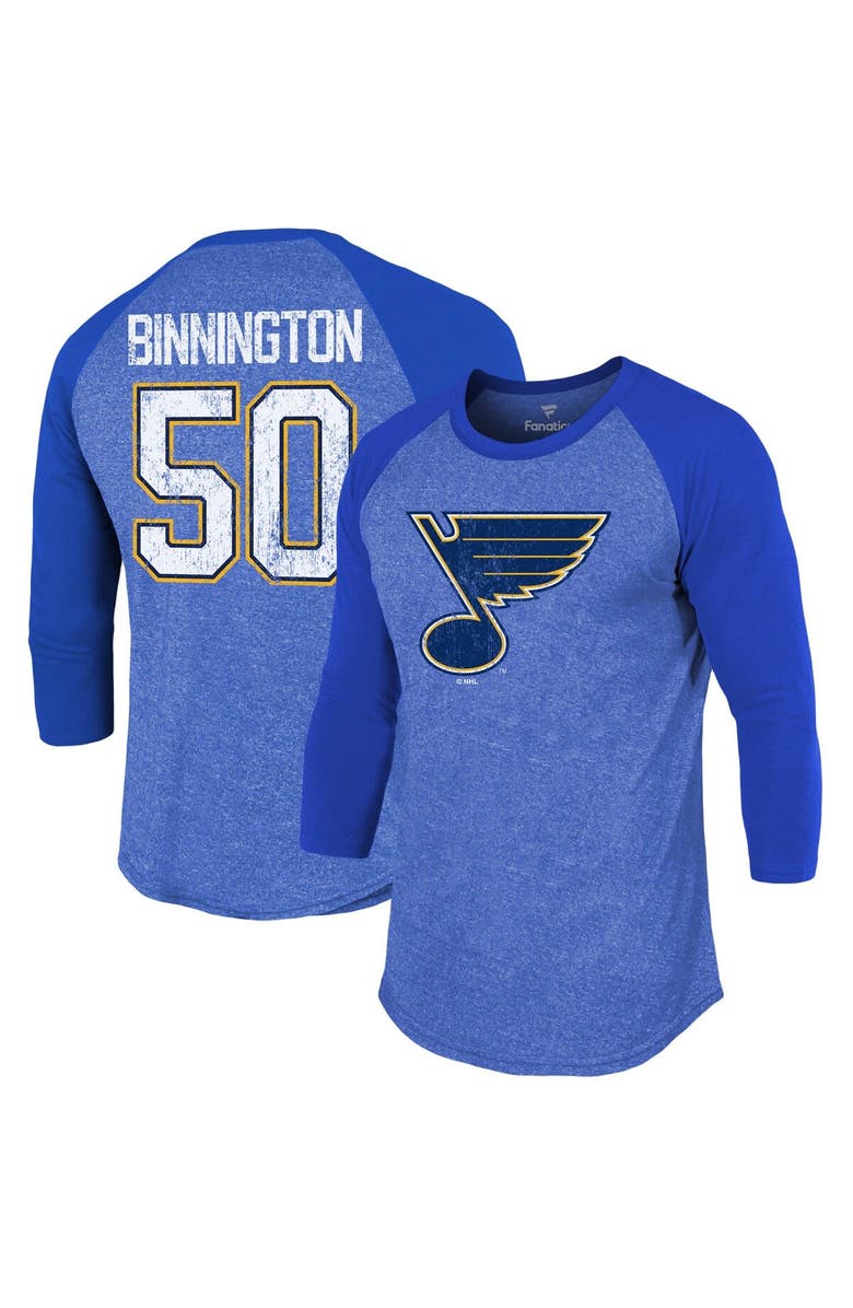 FANATICS Men's Fanatics Branded Jordan Binnington Blue St. Louis Blues Name & Number Tri-Blend Raglan 3/4-Sleeve T-Shirt, Main, color,