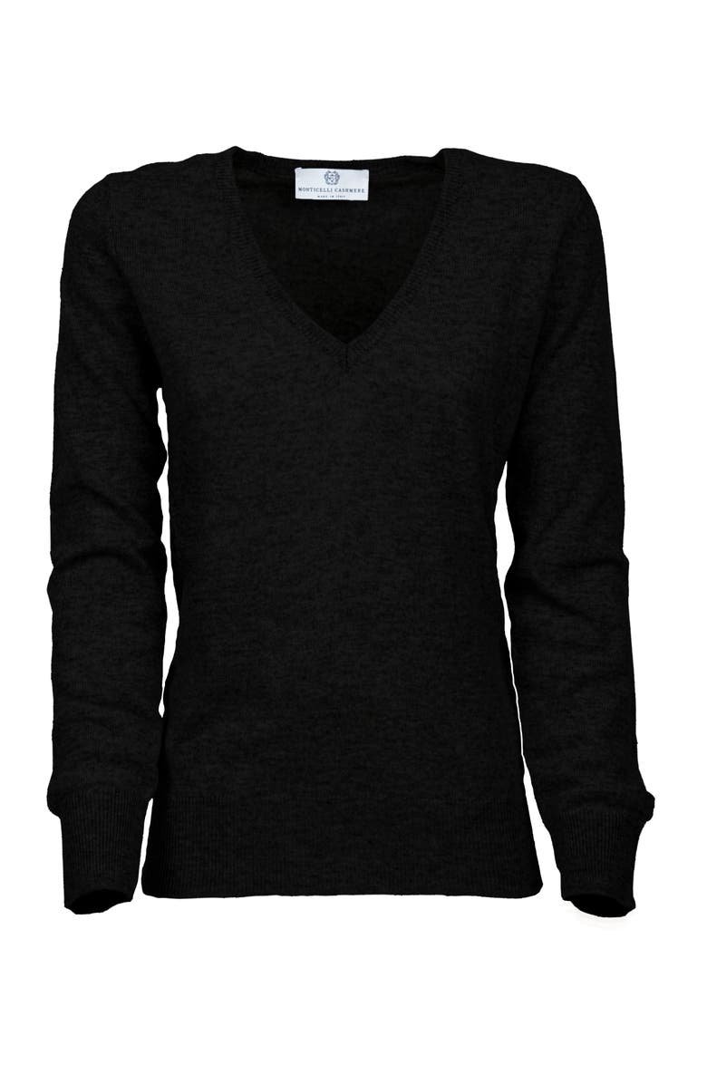 Monticelli Cashmere Pure Cashmere Essential V-Neck Sweater, Main, color, Black
