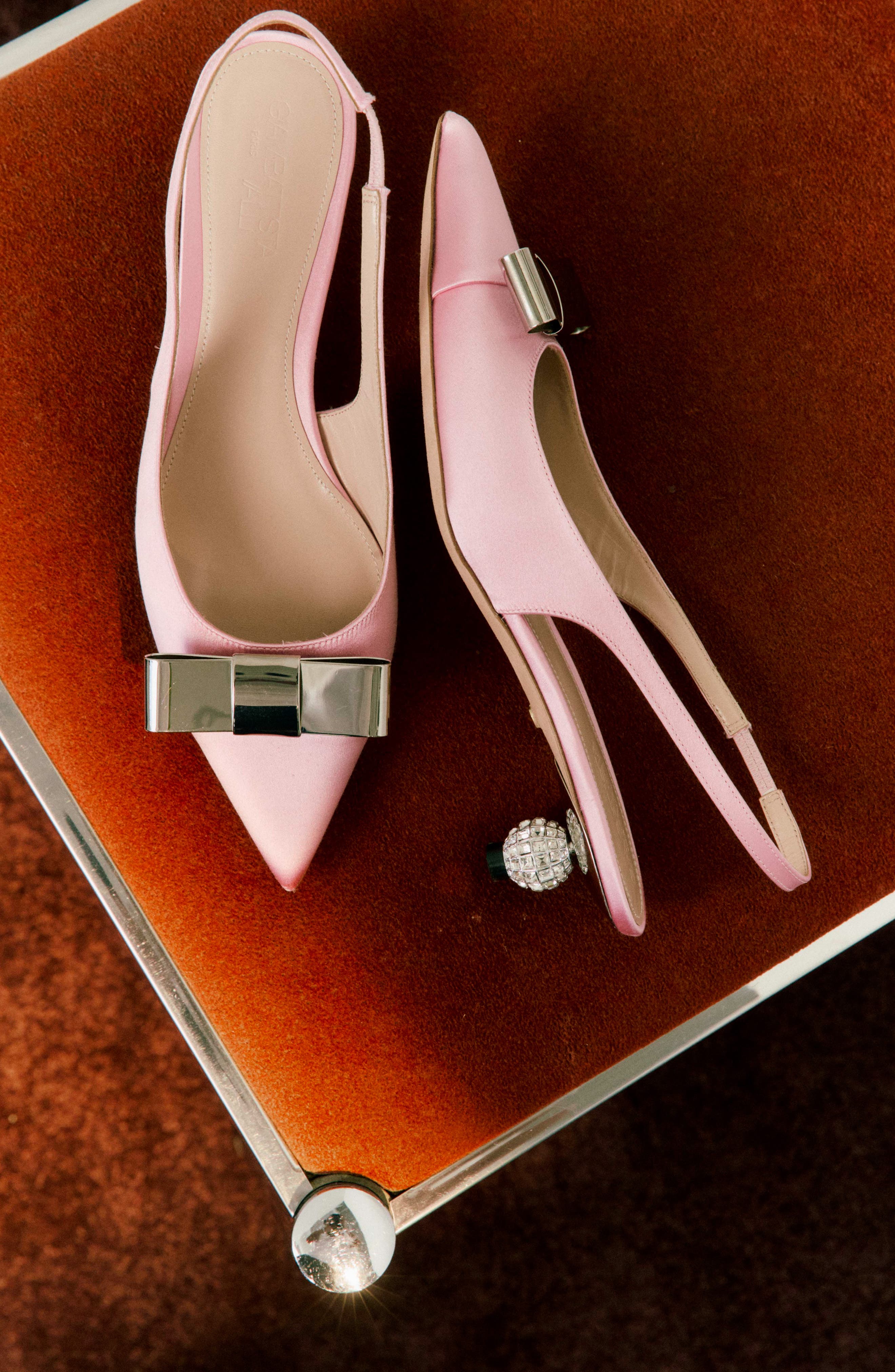 Crystal Ball Bow Pointed Toe Silk Slingback Pump, Alternate, color, ROSE/ SILVER