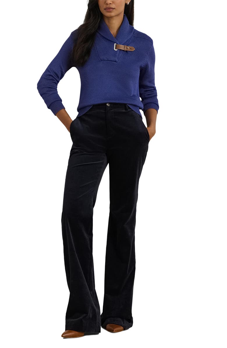 Lauren Ralph Lauren Buckle Shawl Collar Cotton Blend Sweater, Alternate, color, Charter Blue