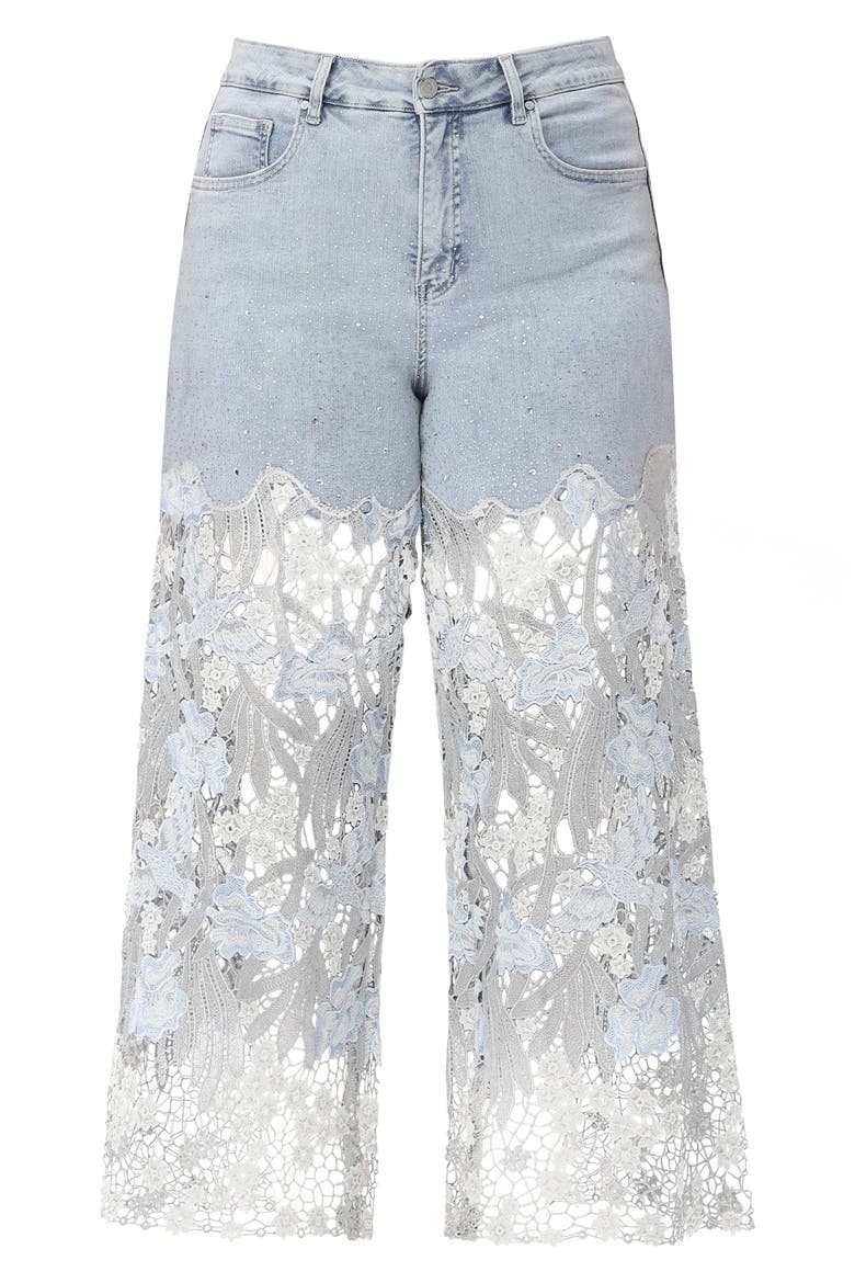 Crystal Embellished Lace Wide Leg Jeans, Alternate, color, LESLEY BLUE