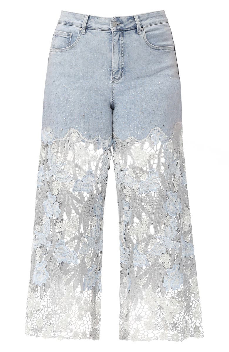 Bayeas Crystal Embellished Lace Wide Leg Jeans, Alternate, color, Lesley Blue