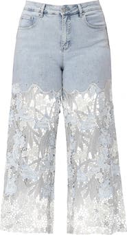 Bayeas Crystal Embellished Lace Wide Leg Jeans