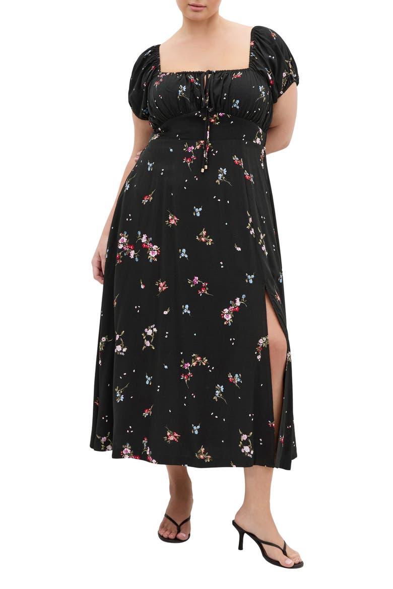 Abbie Floral Print Midi Dress, Main, color, PETAL BOUQUET BLACK