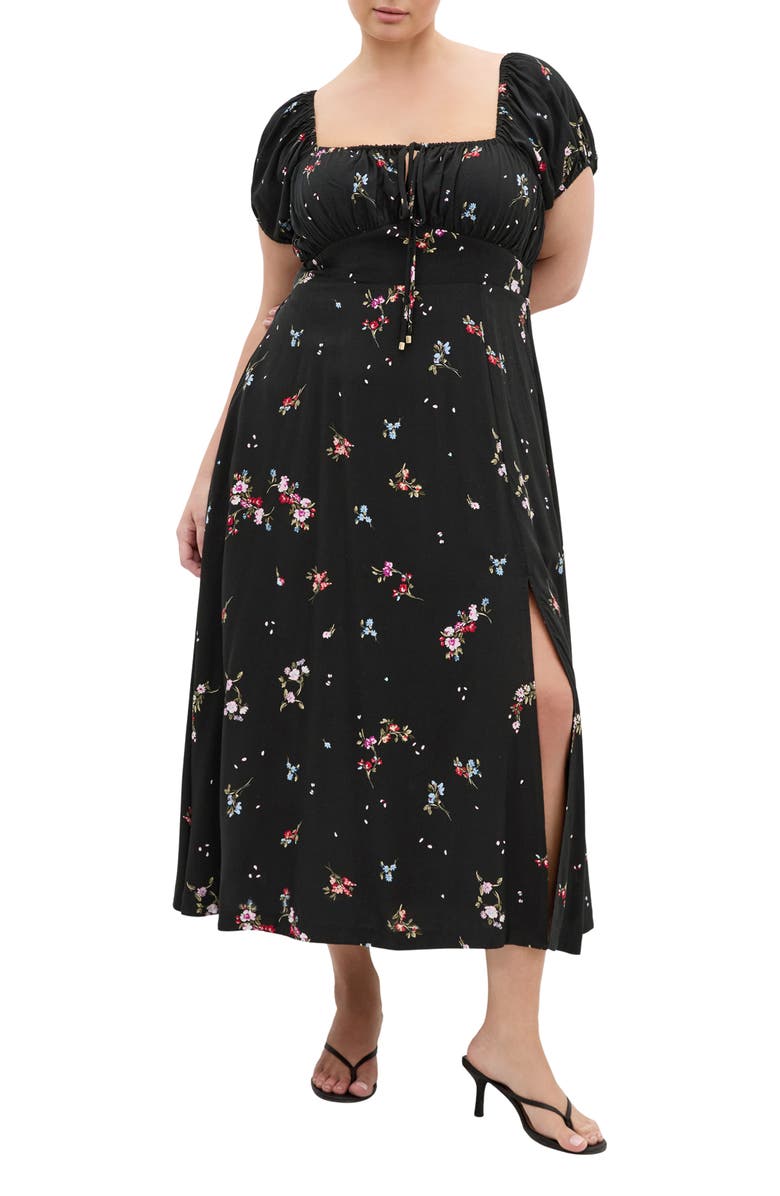 City Chic Abbie Floral Print Midi Dress, Main, color, Petal Bouquet Black