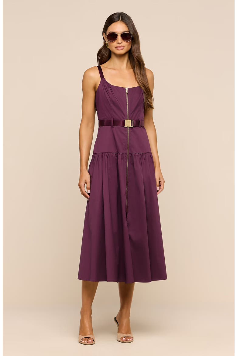 Rima Belted Front Zip Midi Dress, Alternate, color, DEEP SANGRIA