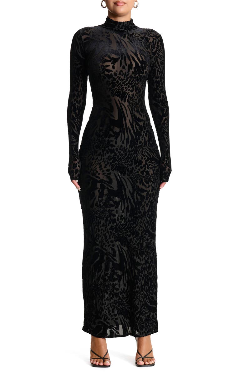 Naked Wardrobe Burnout Long Sleeve Maxi Dress, Main, color, Black