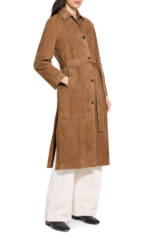 Theory Reese Belted Suede Coat In Brown