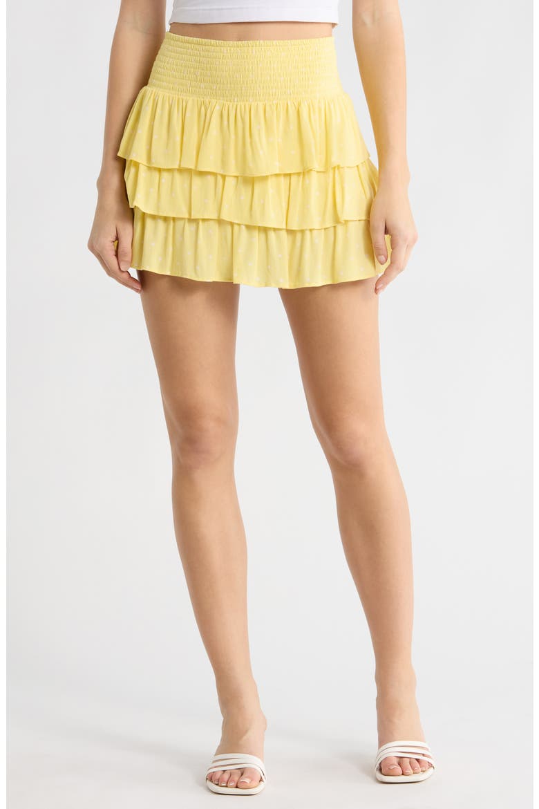 Tiered Crepe Miniskirt, Main, color, YELLOW- IVORY BETTY DOT