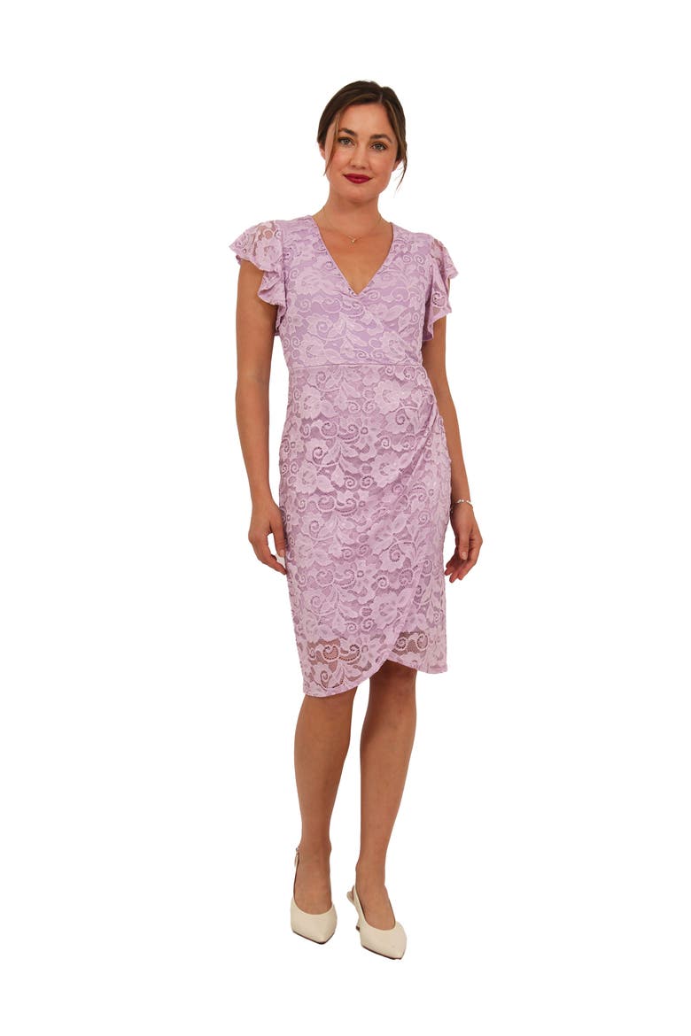 Womens Elevate Lace V-Neck Flutter Sleeve Faux Wrap Midi Dress, Main, color, Lilac