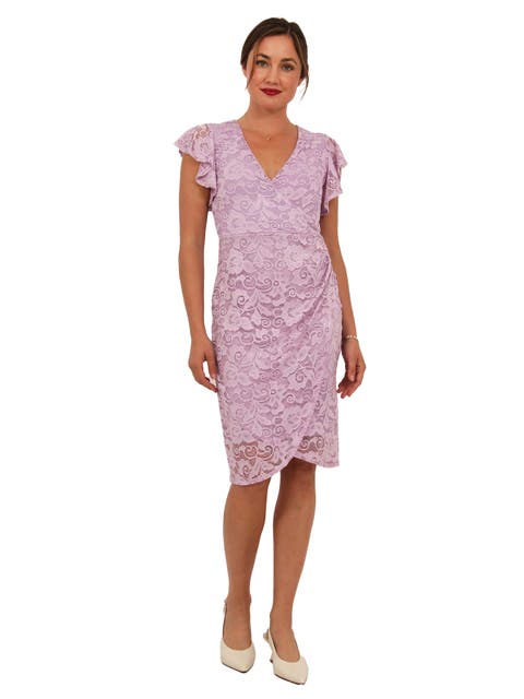 Womens Elevate Lace V-Neck Flutter Sleeve Faux Wrap Midi Dress