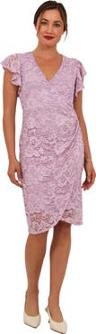 24seven Comfort Apparel Womens Elevate Lace V-Neck Flutter Sleeve Faux Wrap Midi Dress