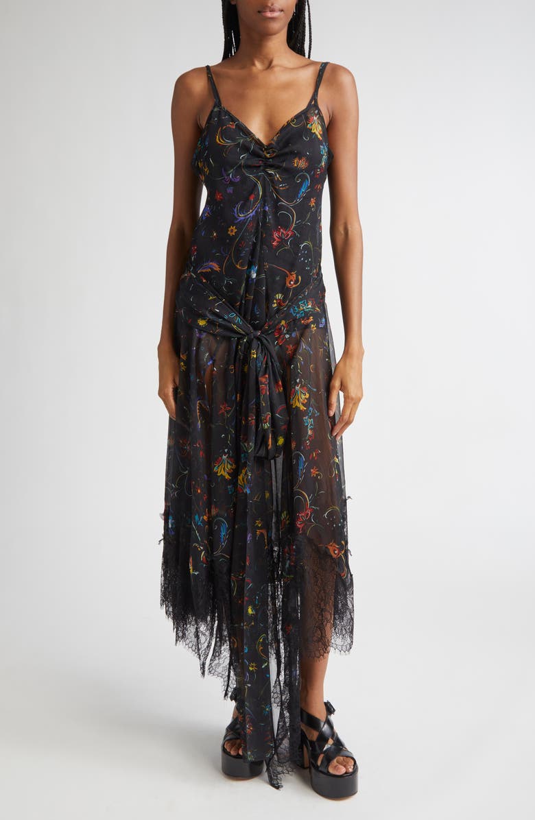 Siedrés Claudia Floral Print Lace Trim Chiffon Dress, Main, color, Black Multi