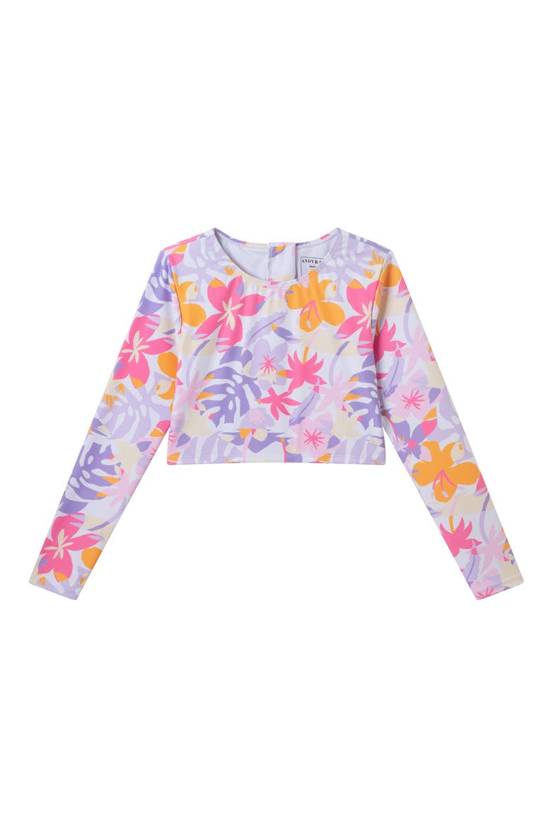 Kids' Palm Print Long Sleeve Crop Rashguard Two-Piece Swimsuit, Alternate, color, WHITE PALM
