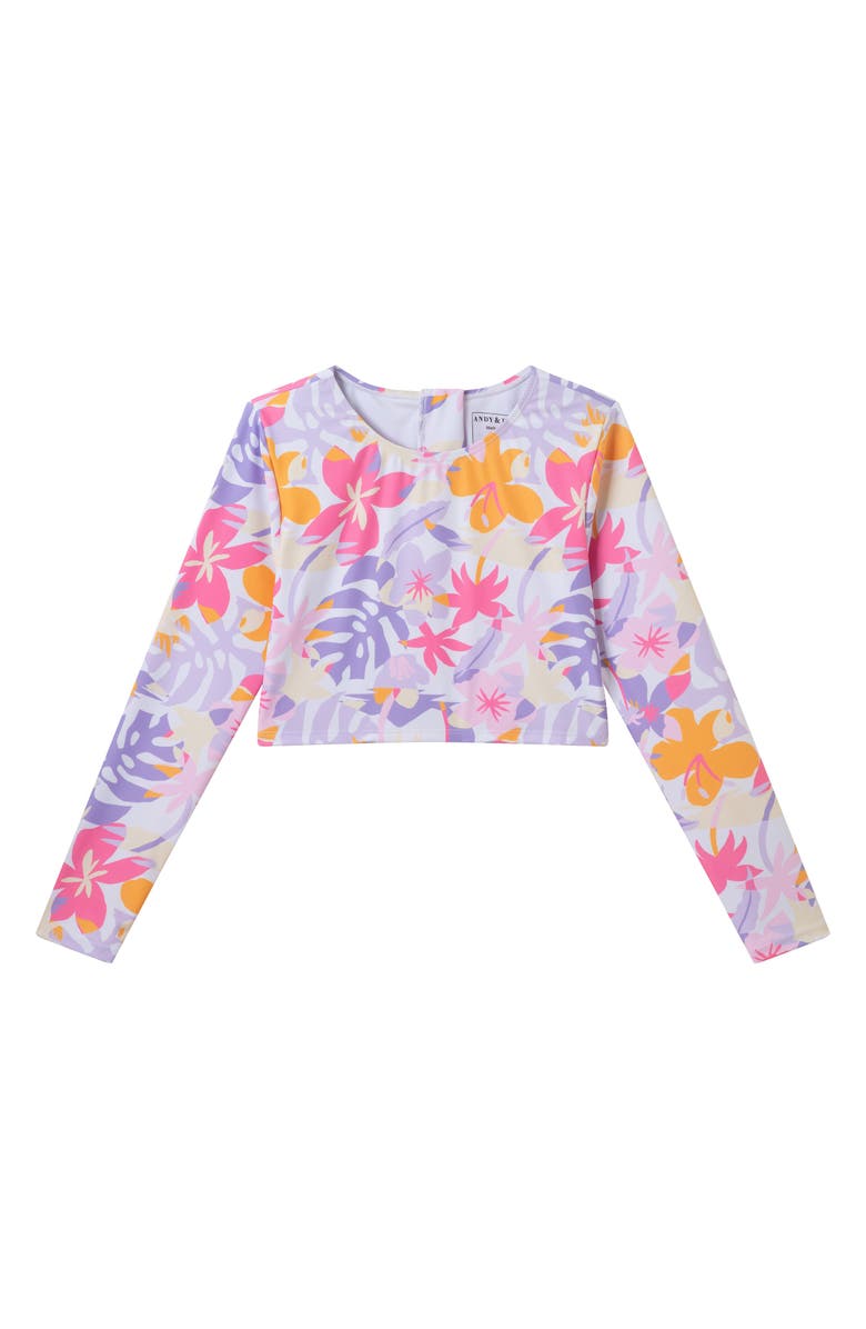 Andy & Evan Kids' Palm Print Long Sleeve Crop Rashguard Two-Piece Swimsuit, Alternate, color, White Palm
