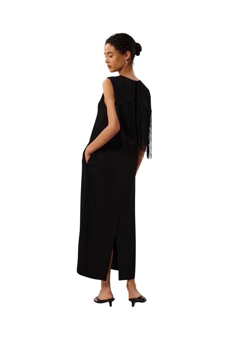 Back Fringe Detail Midi Dress, Alternate, color, Black