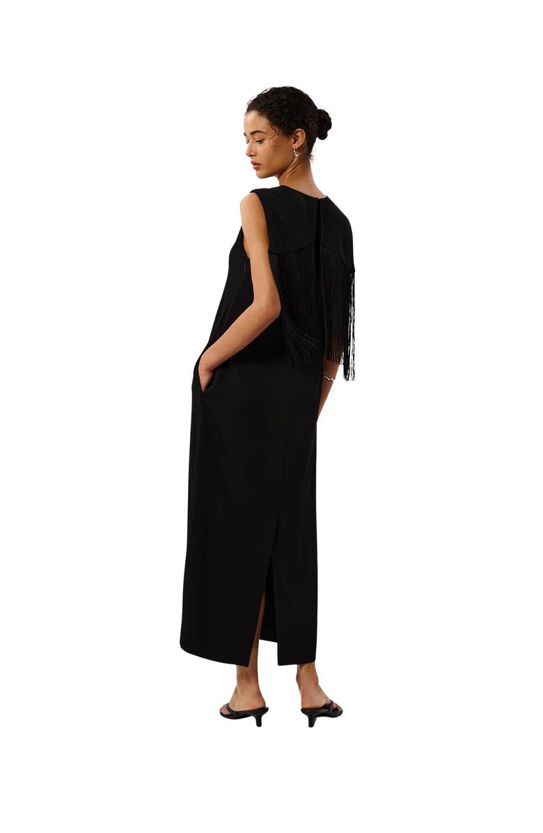 Whistles Back Fringe Detail Midi Dress, Alternate, color, Black